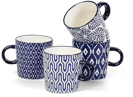 Selamica Espressokoppar i keramik set med 4, 142 ml espressomuggar i porslin, cappuccinokoppar, demitasse koppar för kaffe latte lungo te, vintage blå