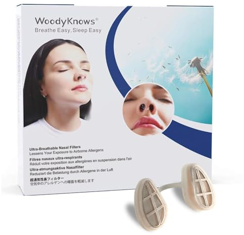 Filtros Nasales Ultra Respirables WoodyKnows, ayuda para alergias estacionales y al polvo (Estrecho, S, 3 Filtros+12 Repuestos)