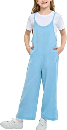 Rolanko Girls Jumpsuit Adjustable Spaghetti Strap Loose Overalls Rompers, Cotton Baggy Plain Playsuits with Pockets for Age 5-12 Years, Light Blue, Size: 8-9 Years, 140