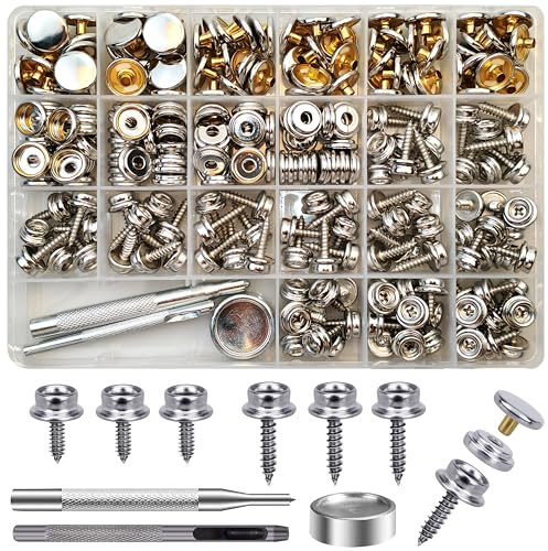 90 Set Druckknöpfe zum Schrauben, 15mm/10mm Edelstahl Druckknopf Schraubbar mit Fixierwerkzeug Kit für Planen, Schiffe, Möbel, Segeltuch, Autozelte (Silber, 15mm/10mm)