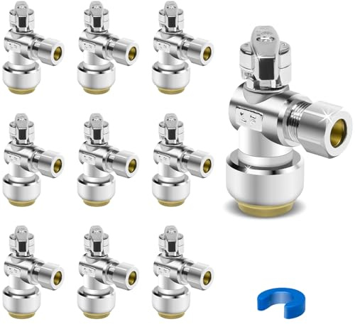 10 valvole di arresto angolari, valvola di arresto dell'acqua ad angolo di compressione da 1/2 x 3/8 pollici, valvola per rubinetto del WC, Pushfit 1/4 di giro, senza piombo, in ottone, raccordo