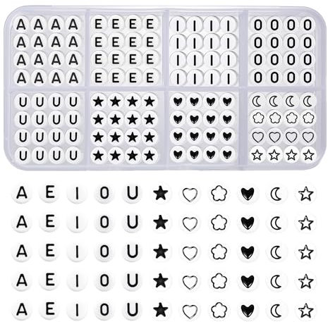 560 Stück Vokale Buchstabenperle A, E, I, O, U + Mond Perlen + Stern + Herz-Perlen, Beidseitig Bedruckt Alphabet-Perlen aus Acryl, Vowel Letter Perlen zum Basteln von Ketten, Armbändern