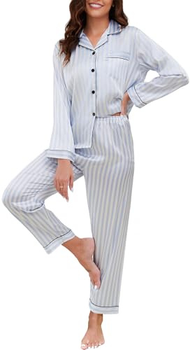 Reliwel satinpyjamas, dam, långärmad pyjamas-set med knappslå V-ringad, tvådelat nattkläder, mjuk sidenpyjamas, klassisk vardagskläder, hemmadräkt Pjs