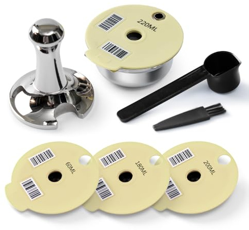 BENFUCHEN Tas simo wiederverwendbare Tas simo-Kapsel aus Edelstahl, 220 ml + extra Deckel, 200 + 180 + 60 ml, nachfüllbare Kapsel aus Edelstahl für Bosch-Kaffeemaschine, mit einem Kaffeestampfer,