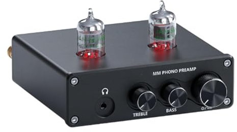 LHQYA Preamplificador De Fono, Preamplificador Fonógrafo Tocadiscos con Tubo De Vacío, Cuenta con Control De Volumen Y Control Graves/Agudos/Auriculares De 3,5 Mm/admite Entrada Auxiliar De 3,5 Mm