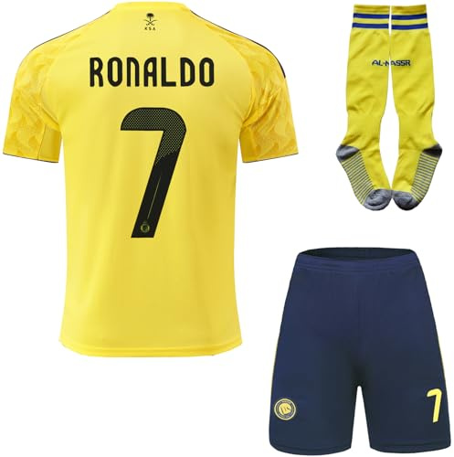 RAWDEM Nassr Riyadh Al No #7 2025/2026 Home Football Soccer Jersey/Shorts Socks Gift Set for Children Youth Sizes (Yellow, 28)