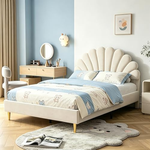 YGHQAP Lit Enfant 140x200, Lit Double Enfant pour Fille Adolescent avec tête de lit en Forme de Fleur et sommier à Lattes, Lits rembourré Princesse Fille, Velours (Beige, 140 * 200)