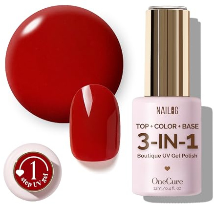 NAILOG OneCure Gel Nail Polish 12ml | Top Coat Color Gel Base 3-In-1 Formula Soak Off UV Polish for Home DIY & Gifting | Ruby Red