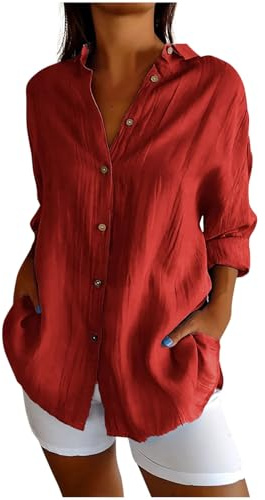 Musselin Bluse Damen Boho 3/4 Arm Hemdbluse Oversized Longbluse Lange Leinenbluse Lässige Einfarbig Oberteile Baumwolle Button Down Shirt Locker Langarmshirt Blusen & Tuniken für Damen