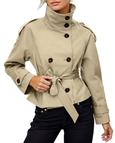 Generisch Trench corto da donna, tinta unita, cappotto corto, per transizione, elegante, con cintura, colletto alto, giacca a vento, leggera, casual, con bottoni, giacca invernale