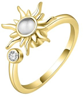 XFSRG Bague Femme Soleil Rotatif Anti Stress Bague Ajustable avec Cristal Bagues Bijoux Mode Filles Cadeau Anniversaire Mariage Soirée