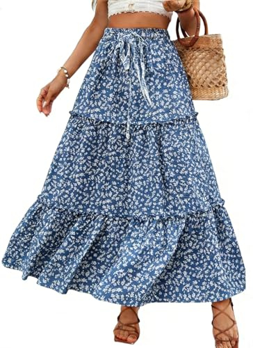 Vossmi Largo Faldas Casual para Mujer Elástica Boho Floral A-línea Falda Línea A Maxifalda con Bolsillos Larga Playa Acampanada Skrit Plisada Primavera BLU,S