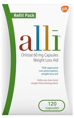 alli Weight Loss Diet Pills, Orlistat 60 mg Capsules, Non Prescription Weight Loss Aid, 120 Count Refill Pack