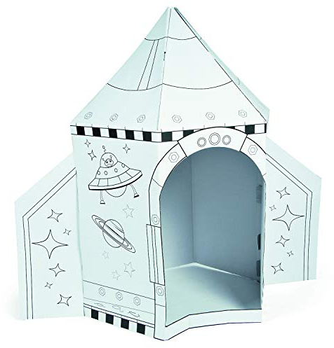 Fun Express Cardboard Playhouse Rocket Ship Toy for Kids - 5 Foot Color Your Own Spaceship for Indoor Play | White Cardboard House to Color for Toddler Activities & Creative Arts Projects