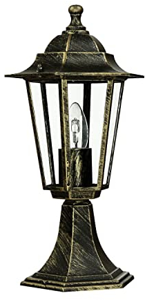 Licht-Erlebnisse Lampe de socle en verre et aluminium doré antique IP44 pour jardin et chemin, hauteur 40 cm, E27, lanterne rustique nostalgique, luminaire extérieur pour chemin et terrasse, PARIS