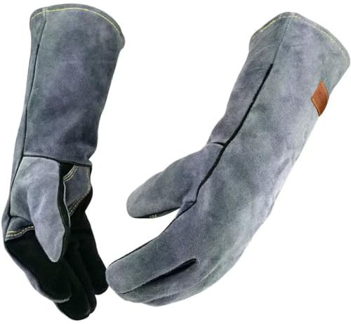 WZQH 16 Inches,932℉,Leather Forge Welding Gloves, Heat/Fire Resistant,Mitts for BBQ,Oven,Grill,Fireplace,Tig,Mig,Baking,Furnace,Stove,Pot Holder,Animal Handling Glove.Black-gray