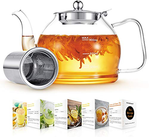 Tetera de cristal, tetera de cristal con infusor extraíble, de 41 onzas transparente para té floreciente, té suelto, tetera de cristal de borosilicato para estufa de té, guía para preparar té