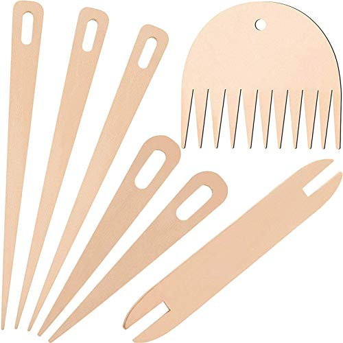 7 st handvävspinnar i trä set (5 delar trävävning virknål med träfjäderbollar vävpinne och trävävningskamm) för gör-det-själv stickade hantverk tillbehörskit för kvinnor flickor
