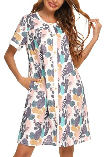 YOZLY House Dress for Women Short Sleeve House Coats Dusters Robe Moomoo nightgowns with Pockets, Floral Leaves, X-Large