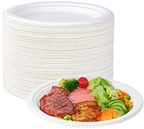 ECOLipak 100% Compostable 10 Inch Heavy Duty Paper Plates, 150 Pack Disposable Biodegradable Eco-friendly Sugarcane Bagasse Plates for Dinner Party(White)