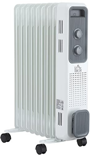 HOMCOM 2000W Oil Filled Radiator, 9 Fin, Portable Electric Heater with 3 Heat Settings, Safety Cut-Off and Wheels, White