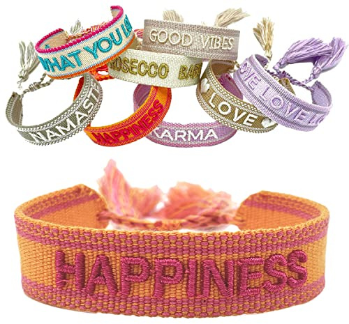 LS-LebenStil Exklusives Statement Armband - das Original - Happiness Gelb Pink 16-20cm Quasten besticktes Boho Canvas Webarmband Damen Freundschaftsarmband Geschenk gewebt textil Stoffarmband