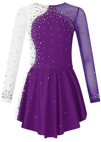 ranrann Klänning, barn, flicka, konståkning, långärmad, strass, glänsande trikåer, gymnastik, bodysuit, sport, kostym, show, 5–16 år, Färg: blå, 7-8 �r