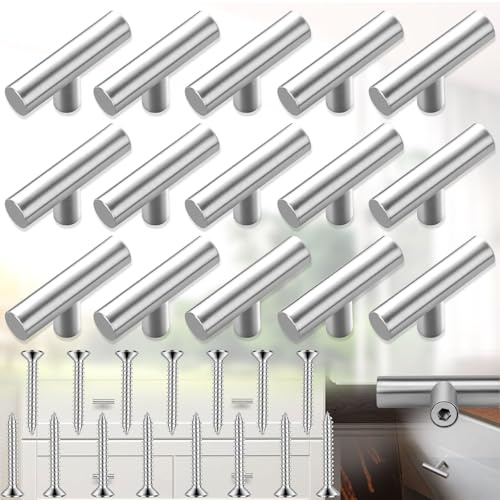 Brateuanoii 15 stycken kökshandtag silverfärgade, T-formade skåphandtag, möbelhandtag, kökshandtag rostfritt stål, lämplig för lådor, skåp och garderobshandtag, silver borstad (med 15 skruvar)