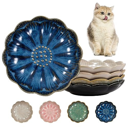 Qucey Ceramic Cat Food Plate Set of 4, 5.5 inch Shallow Cat Food Bowl Whisker Friendly Flat Cat Bowls, Cat Dishs for Wet Food, Microwave and Dishwasher Safe
