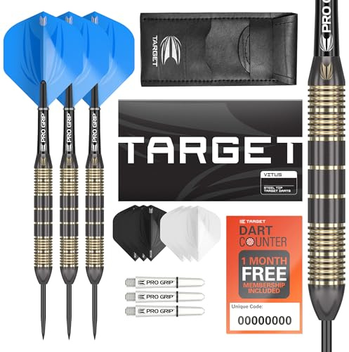 Target Darts Vitus 24G Brass Steel Tip Darts Set - 6 Pro Grip Shafts - 9 Pro Ultra Flights - Dart Wallet Bundle