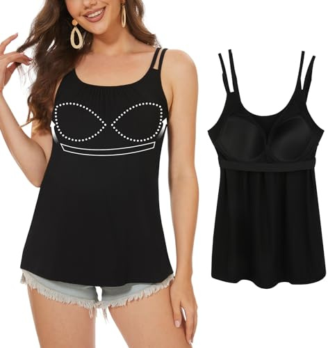 ANYFITTING Linne med Inbyggd BH, Summer Spaghetti Strap Ärmlösa toppar, U-neck linne, Sexig lös BH för kvinnor, Träning, Sömn, Resor Svart L