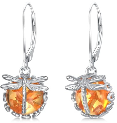 KZX Boucles d'oreilles pendantes en forme de libellule en argent sterling 925 et ambre - Cadeau pour femmes et filles, Argent sterling, Ambre