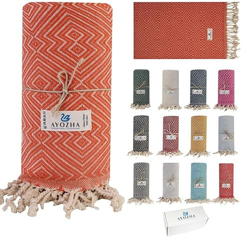 AYOZHA Luxus Hamamtuch XXL 180x95 cm - 100% Baumwolle Schnelltrocknend Sandfrei vorgewaschen kompakt - Perfekt für Strand, Sauna, Picknick und Reise (Turuncu)