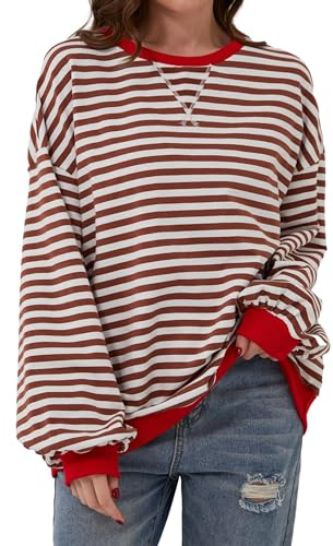 Chicrise Sweatshirt dam överdimensionerad randig färgblock långärmad tröja stickad rund urringning toppar lös