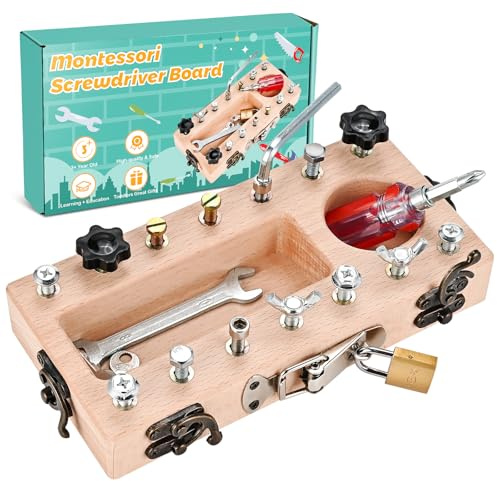 Wooderma Montessori Toys for 3+ Year Olds, Wooden Kids Tool Set, Toys for 3 4 5 Year Old Boys Gifts/Present, Montessori Busy Board, Educational Fine Motor Skills Toy for Birthday, Travel, Education