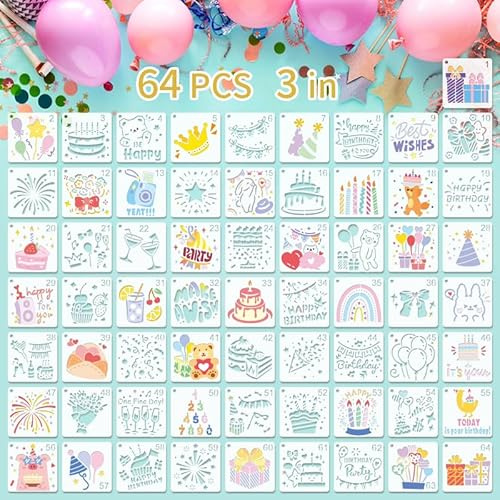 64 Stück Schablonen Set Wiederverwendbare Bastelschablonen mit Geburtstagsmotiven, Tieren & Regenbogen (7,6x7,6 cm) für DIY-Kunstprojekte, Malen & Dekoration Kreative Vielfalt