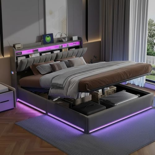 LIVLUX Polsterbett Doppelbett 160×200 mit Stauraum Kopfteil und Hydraulischem Stauraum,Jugendbett mit LED und USB Ladestation,Stauraumbett Funktionsbett,Bettgestell mit Lattenrost,Samt