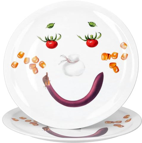 MamboCat Set di 2 piatti da pizza Smiley, Ø 30,5 cm, divertenti piatti da portata in porcellana con viso vegetale, piatti per bambini, piatti per feste, pizza in famiglia, per pizza, torte fiamme e