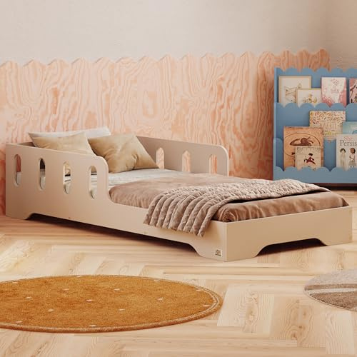 smartwood Barnsäng 70x140 Kashmir - Montessori säng barn med Fallskydd och Ribbotten - Träsäng för barn från 2 år med FSC-certifikat - Golvsäng för pojkar och flickor - Enkel montering - TILA 6