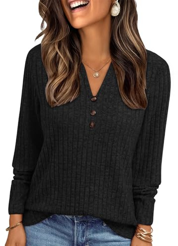 Famulily Womens Dressy Tunic Tops V Neck Knit Sweatshitrs Loose Fit Button Detail Lightweight Long Jumpers Black L