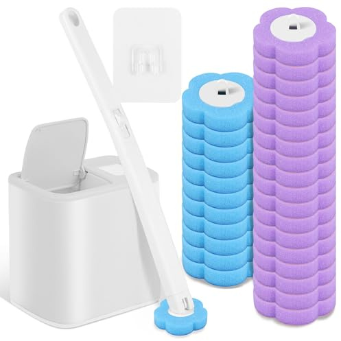 Juego de 30 cepillos de baño Desechables con 30 Piezas de Limpiador, Juego de escobilla de Inodoro con de Limpieza Estrecho para baño, Lavabo, bañera y Suelo (Blanco)