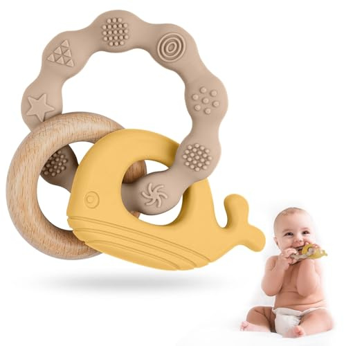 Vicloon Teething Toys for Baby, Silicone and Wood Teether, Soothing Toy for Infants Teether Chew Toy, Easy to Hold and Clean Up, Whale Teething Toys Silicone chewelry for Boys & Girls (Brown)