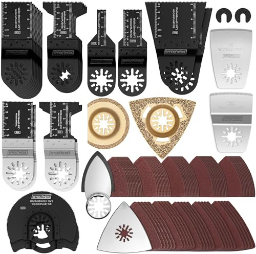 EffektWerk - 106-tlg. Multitool Sägeblätter und Schleifset - Oszillierende Werkzeugaufsätze für Holz, Kunststoff, Metall - Adapter, Schleifpads, Schleifpapier