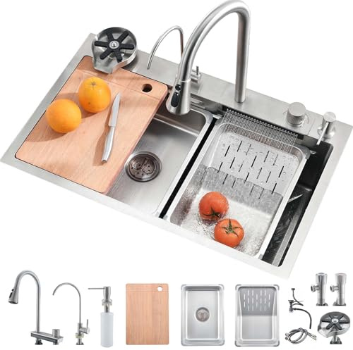 Bokaiya Kitchen Sink, Multifunction Waterfall, Raindance Countertop Kitchen Sink Stainless Steel Washbasin with High Pressure Pull-Out Faucet Brushed 90x50x21cm