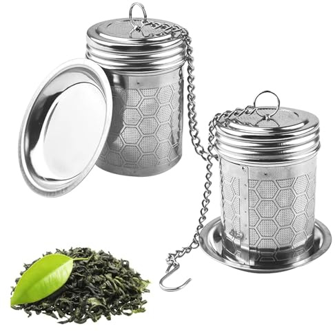 Ravytha 2 Pezzi Infusore per Tisane, Colino da Tè, Filtro The Infusione Maglia Fine, Filtri Te In Acciaio Inox 304, Infusori con Catena Coperchio e Rotondo Vassoio, Per Teiere,Tazze Bottiglie Di Tè