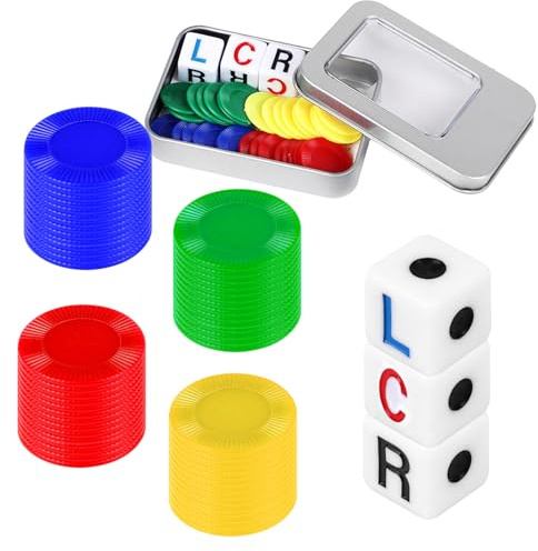 FINGOOO Left Right Centre Dice Game, 40 Chips in 4 Colours and 3 Cubes, Classic Rolling Games Kit Family Camping Party Game Night