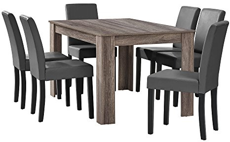 [en.casa] matbord ek antik med 6 stolar mörkgrå konstläder stoppad 140 x 90 matgrupp matsal