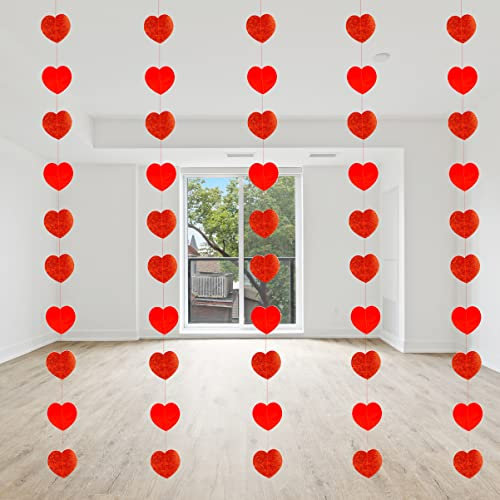 60 Red Hearts Glitter 7ft/2meter Hanging String Decorations Valentine’s Day Anniversary Engagement Wedding Party Wall Curtain Foil Banner Decoration – 6 Strings
