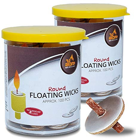 Ner Mitzvah Round Floating Wicks, Cotton Wicks and Cork Disc Holders for Oil Cups, Bonus Wick Removal Tweezers - 200 Count (Approx)