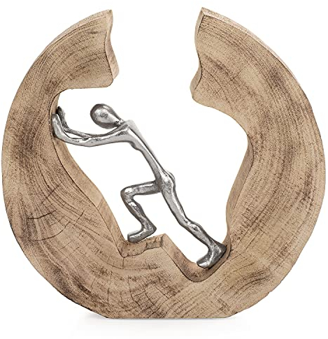 Moritz Skulptur Push and Work 29 x 28 x 6 cm I Mangoholz Holz Deko Figur I Wohnzimmer Dekoration I Tisch Deko I Skulpturen Deko Modern I Baumscheibe mit Alu